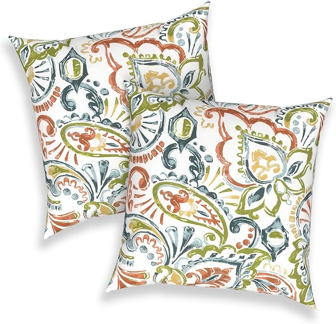 Outdoor 16x16 Inch Throw Pillow Covers Set of 2, Covers ONLY, All Weather Square Pillow Cases, Patio Cushion Pillow of Home Furniture Use, Paisley Botanical