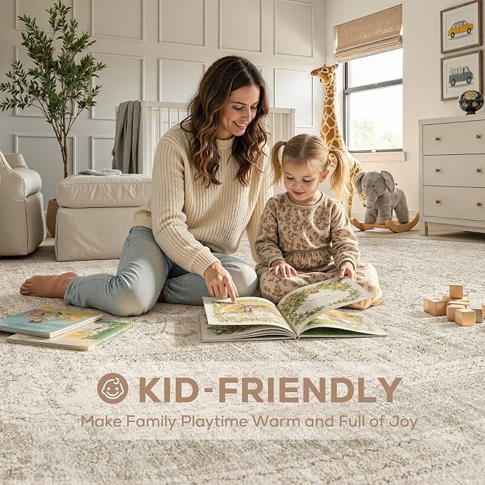 Nakagishi Oval Rugs for Bedroom: Machine Washable Area Rug 6x9, Non-Slip Carpet for Living Room, Playroom, Nursery, Ding Room, Boho Rug Low Pile Non-Slip & Stain Resistant
