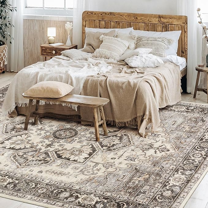 11x14 Area Rugs for Living Room - Large Carpet Ultra Thin Soft Washable Oriental Vintage Floral Distressed Rug Big Indoor Carpets for Bedroom Nursery Dorm Home Decor Aesthetic - Grey Brown