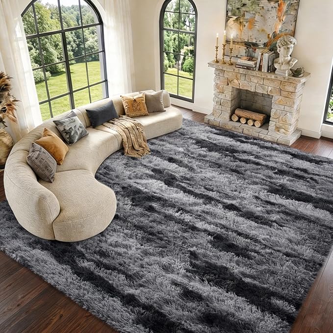 Extra Large 8x10 Area Rugs for Living Room Decor, Non-Slip Shaggy Tie-Dyed Rugs for Bedroom Kids Playroom Dorm Room, High Pile Ultra Soft Carpet, Black