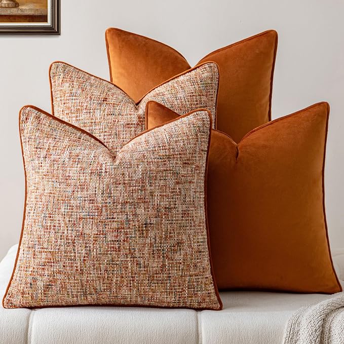 a moment Orange 4 Pack Throw Pillow Covers - Chenille & Velvet Set with Piping, Farmhouse Textured Design Pillow Cases for Couch Sofa Bed Livingroom (16x16 Inch, No Insert)