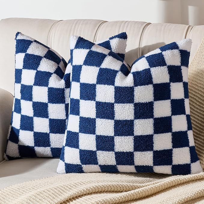 AmHoo Pack of 2 Decorative Throw Pillow Covers Checkerboard Luxury Super Soft Faux Fur Wool Set Case Cushion for Couch Sofa Bedroom 20 x 20-Inch Navy Blue
