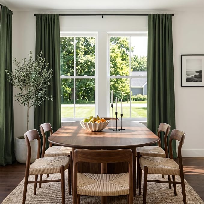 INOVADAY 100% Blackout Curtains 90 Inches Length 2 Panels Set, Back Tab/Rod Pocket Linen Black Out Curtains for Bedroom, Thermal Insulated Window Drapes - Loden Green, W50 X L90