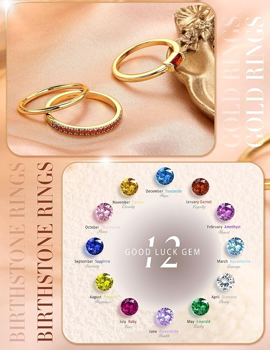 Gold Stackable Birthstone Rings for Women - 18K Gold Filled Non Tarnish Dainty Gold Stacking Rings Set - Cubic Zirconia Thumb Knuckle Ring Wedding Engagement Ring for her Gifts Size 6 7 8 9 10 3pcs