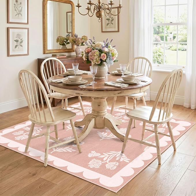 Pink Square Rug 4ft - Soft Washable Boho Floral Girls Bedroom Rug Non Slip 4x4 Stain Resistant Cute Scalloped Circle Square Area Rugs for Living Room Entryway Bathroom Dining Room Nursery Dorm