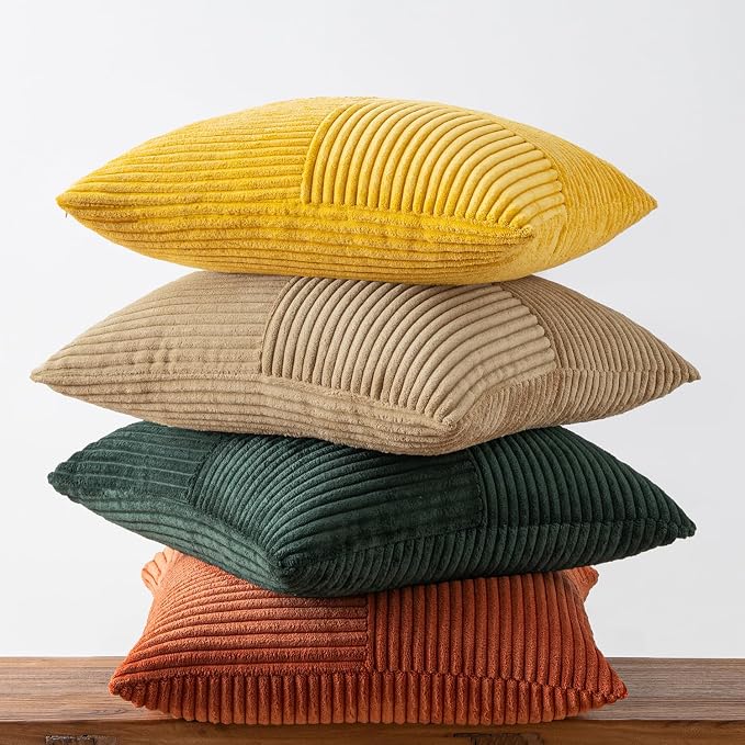 MIULEE Fall Green Rust Throw Pillow Covers 20x20 Inch Set of 4 Boho Farmhouse Soft Corduroy Striped Cushion Cases Decorative Color-Clash Home Decor for Couch Sofa Living Room Bed