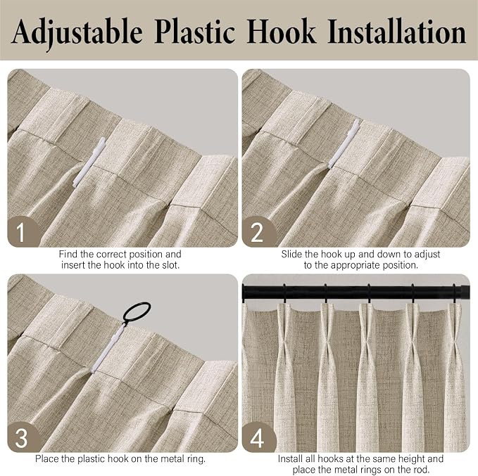 MIULEE Pinch Pleated Thick Linen Curtains 90 Inch 4 Panels Set Back Tab Memory Trained Pinch Pleat Semi Sheer Light Filtering Privacy Curtain Let Light in Window Drapes for Living Room Bedroom Oatmeal