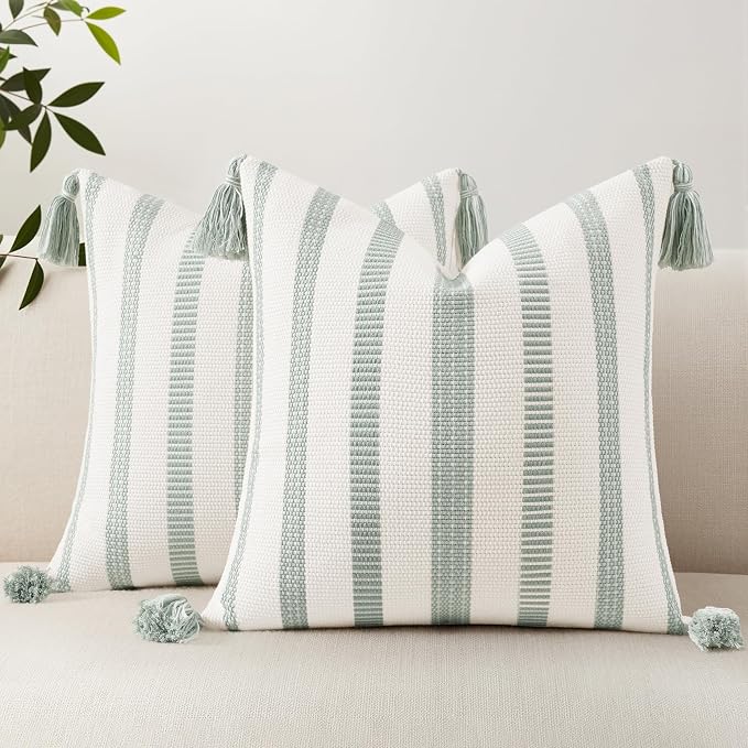 Smile Bee Boho Outdoor Couch Throw Pillow Covers Set of 2 Decorative Thick Woven Striped Accent Neutral Pillow Covers with Tassels for Bed Sofa Home Decor 18x18 Inch, Sage Green and Cream White | Woven Cozy Boho Decorative Modern Farmhouse Accent Pillo...