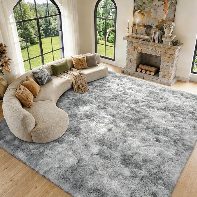Extra Large 8x10 Area Rugs for Living Room Decor, Non-Slip Shaggy Tie-Dyed Rugs for Bedroom Kids Playroom Dorm Room, High Pile Ultra Soft Carpet, Grey