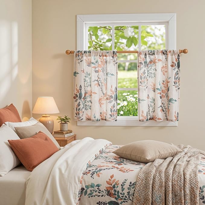 MYSKY HOME Linen Kitchen Tier Cafe Patterned Curtains 24 Inch Length 2 Panels Farmhouse Semi Sheer Privacy Small Window Treatments Rod Pocket for Bathroom Basement, Burnt Orange, 30" Each Panel