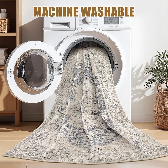 10x12 Area Rugs for Living Room - Large Carpet Ultra Thin Soft Washable Oriental Vintage Floral Distressed Big Indoor Carpets for Bedroom Nursery Dorm Home Decor Aesthetic - Blue Beige