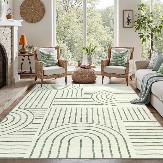 DCX Abstract Machine Washable 8x10 Rug, Sage Green Modern Accent Rug for Living Room, Soft Low Pile Non Slip Carpet, Kid & Pet Friendly Stain Resistant Rug for Bedroom Dining Room Office