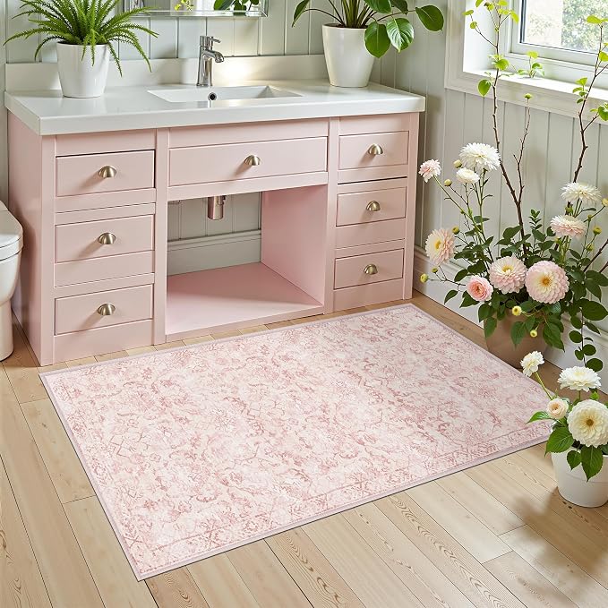 Pink 2x4 Runner Rug for Hallways Bed Side Kitchen, Boho Washable Distressed Low-Pile Floor Entryway Long Bathroom Mat, Non-Slip Laundry Room Washstand Front Carpet 24x48 Inch