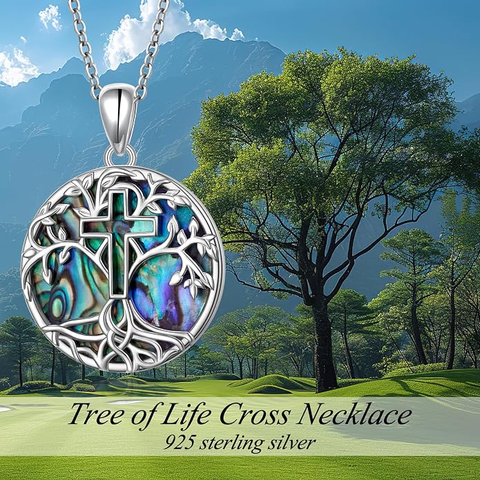 DAOCHONG Tree of Life Cross Necklace 925 Sterling Silver Abalone Shell Pendant Necklaces for Women Christian Religious Jewelry