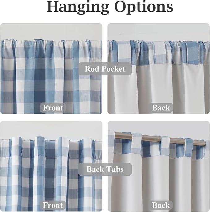 Short Blue Buffalo Plaid Blackout Curtain Panels 63 Inches Long | Gingham Drapes with Room Darkening Liner,Thermal Insulated Window Treatment,Rod Pocket Back Tabs,40"Wx63"Lx2