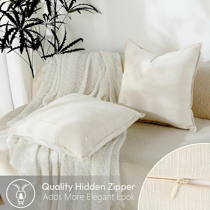 Stellhome Pack of 2 Soft Textured Throw Decorative Pillow Covers Square Accent Solid Chenille Cushion Cover Cozy Farmhouse Pillow Case for Couch Sofa Bedroom Living Room 26x26 Inch, Cream White