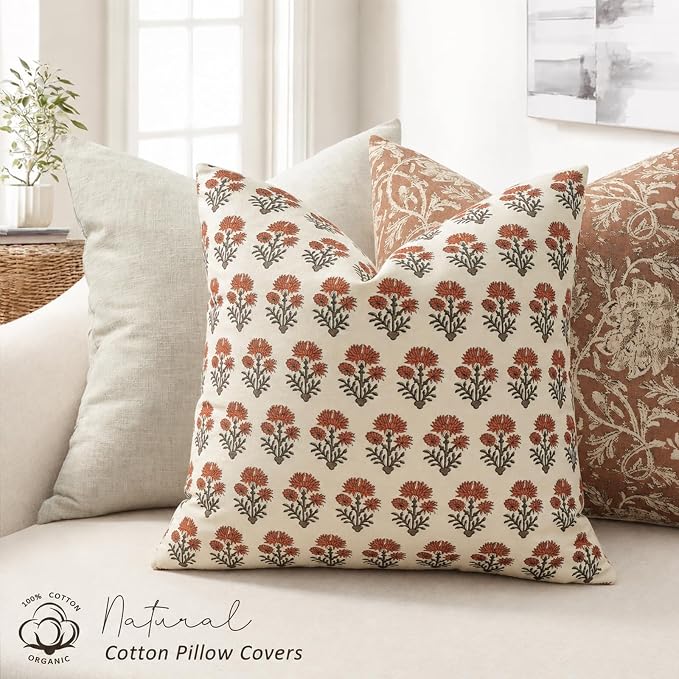 Farmhouse Floral Pillow Covers 18x18 Set of 2, Country Botanical Throw Pillow Cover for Sofa Couch Bed Living Room, Earthic Vintage Flower Cushion Covers Cottage Home Decor,Terracotta