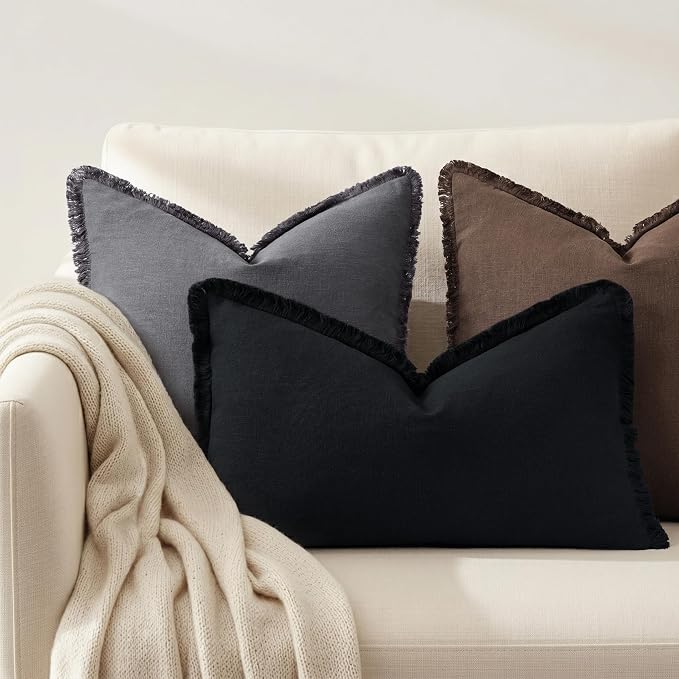 decorUhome Linen Fringe Black Throw Pillow Covers 12x20 Set of 2 | Decorative Soft Accent Modern Boho Farmhouse Lumbar Cushion Covers with Tassels Cotton Pillow Covers for Couch Bed Sofa