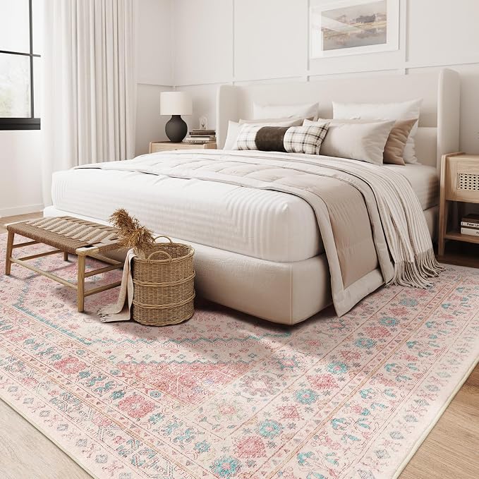 zesthome 10x14 Area Rugs - Large Pink Rugs for Bedroom Girls, Stain Resistant Washable Rugs, Vintage Low Pile Rug, Nursery Room Rug, Pink Room Decor (Pink/Blue,10'x14')