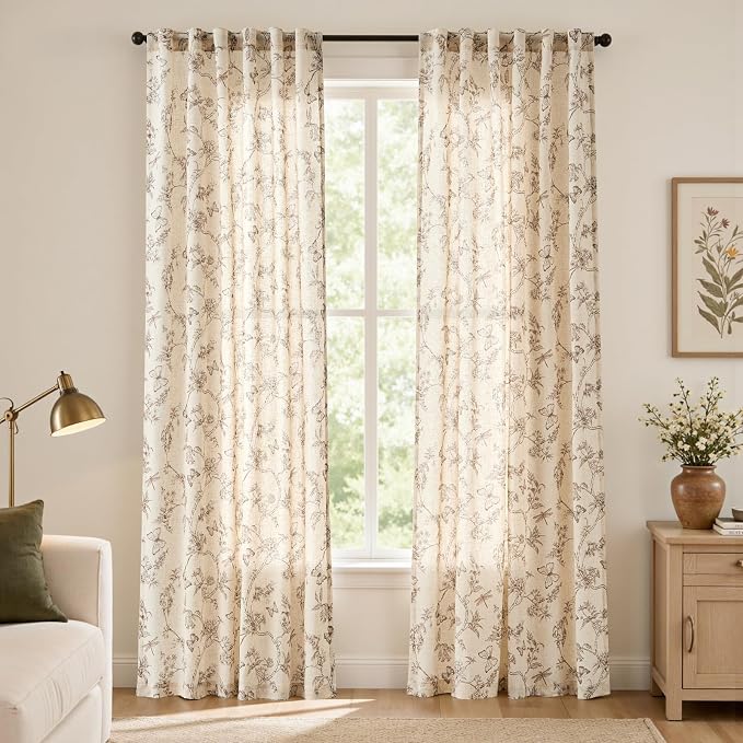 Lazzzy Charlotte Taupe Floral Curtains 84 Inch Linen Cottage Style Curtain Back Tab Drapes for Living Room Bedroom Light Filtering Vintage Farmhouse Rod Pocket Curtains, 2 Panels, Taupe on Beige