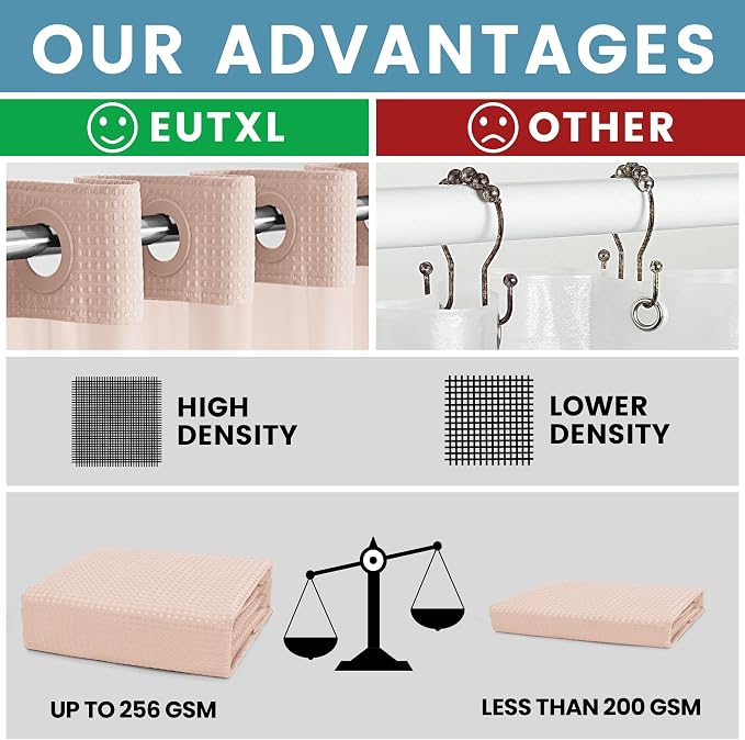 EUTXL Heavyweight Blush Pink No Hook Shower Curtain with Snap in Liner,256GSM Waffle Weave Shower Curtains for Bathroom,71W x 74H