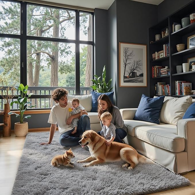 Fluffy Rug Shag Area Rug,Light Grey 3x5 Area Rugs for Bedroom | Non-Slip Small Soft Bedside Rug for Entryway,Living Room and Home Office