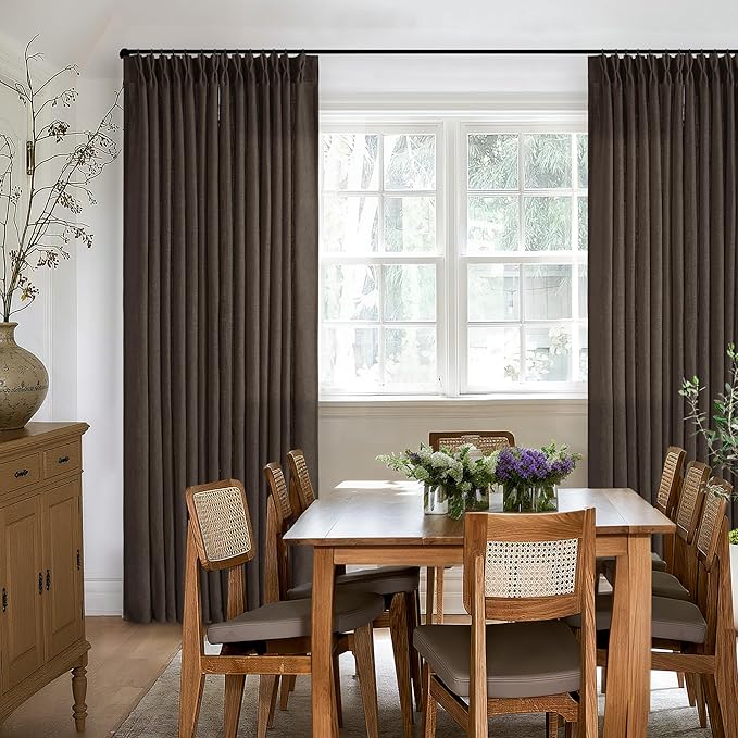 Dark Chocolate 102 Inch Pinch Pleated Semi Sheer Linen Curtains 2 Panels | for Living Room Bedroom, Memory Training Shaped, Light Filtering, Pinch Pleat Drapes with Hooks Rings, Window Curtains 40x102