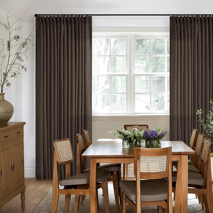 Dark Chocolate 84 Inch Pinch Pleated Semi Sheer Linen Curtains 2 Panels | for Living Room Bedroom, Memory Training Shaped, Light Filtering, Pinch Pleat Drapes with Hooks Rings, Window Curtains 40x84