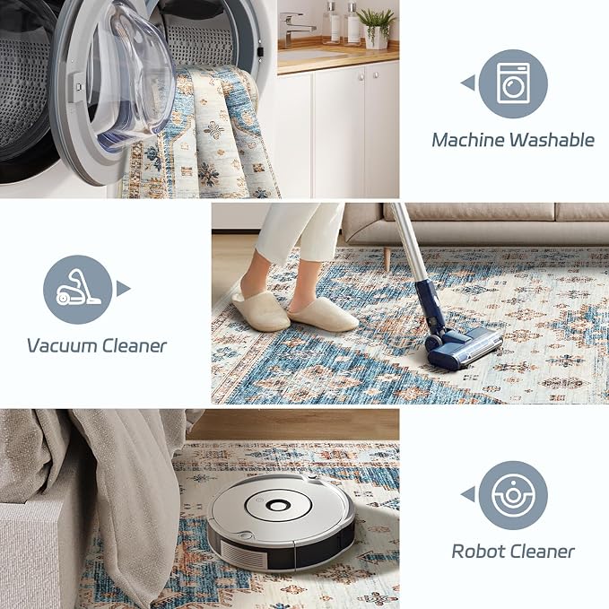 Roxstand 5x7 Washable Area Rugs, Non Slip Living Room Rug Blue/Beige | Low Pile Vintage Rug, Stain Resistant, Non-Shedding Design, Pet & Kid Friendly, Carpet for Bedroom, Dining Room Office
