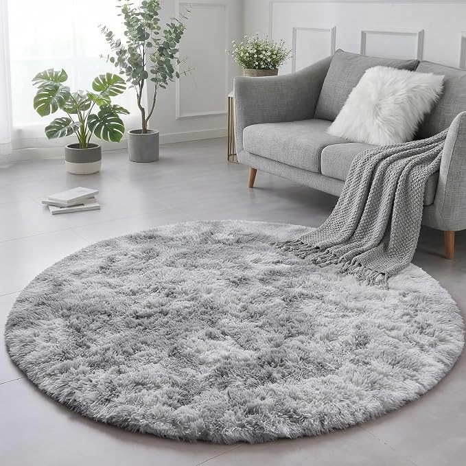 Amdrebio Tie-Dyed Light Grey Round Area Rugs for Living Room, 7x7 Large Soft Circle Rugs for Bedroom, Fluffy Shag Carpet for Kids Room, Big Modern Floor Circular Shaggy Farmhouse Rug