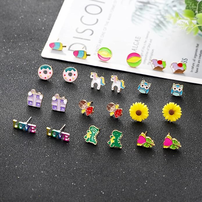 NEWITIN 100 Pairs Colorful Cute Earrings for Girls Sensitive Ears Hypoallergenic Girl Stud Earrings Set Stainless Steel Cartoon Stud for Girls and Women