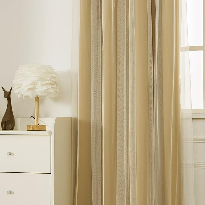 INLINAS Gold Blackout Curtains with Sheer Overlay - Grommet Top Thermal and Noise Reduction Panels for Bedroom and Living Room Light Blocking and Energy Saving, 37 x 63 Inches, Set of 2