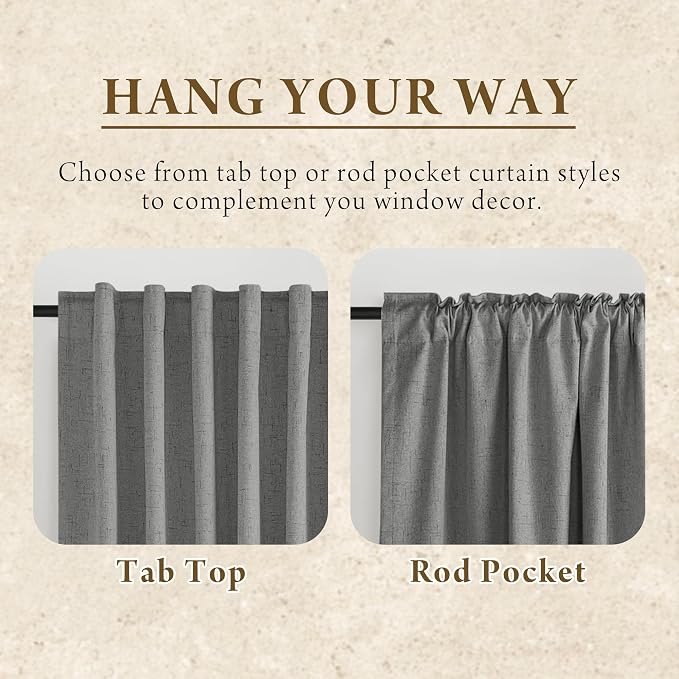 RYB HOME Grey Linen Blackout Curtains for Sliding Glass Door, 100% Blackout Linen Textured Thermal Privacy Modern Drape Panels for Dining Room Large Window, 52" W x 96" L, 2 Panels Set