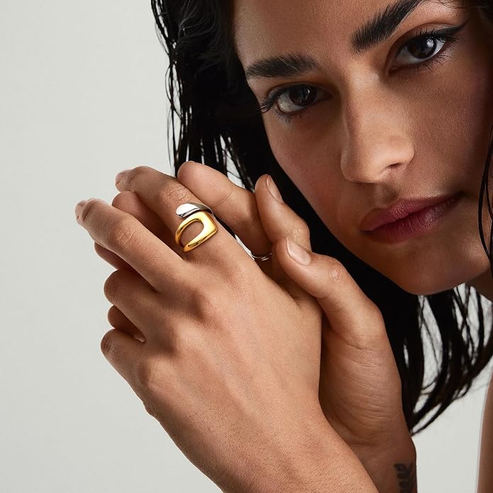 Gelbesty Waterproof Gold Statement Rings for Women, 14K Gold Plated Chunky Open Stackable Rings Non Tarnish Fashion Adjustable Stainless Steel Pinky Knuckle Signet Vintage Ring Jewelry Size 5-11