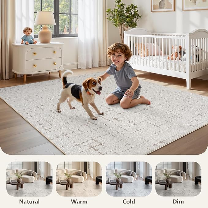 Engiw-Beige Neutral 6x9 Area Rug for Living Room Rug-Carpet Bedroom Rugs Textured Tufted Jacquard Modern Washable Rug for Dining Room Nursery Non Slip