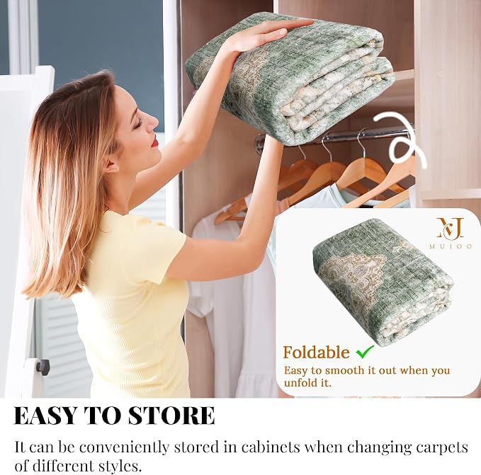 MUJOO Green Rug 3x5 Washable,Boho Area Rugs Small Non Slip Low-Pile Floral | Machine Washable Throw Carpet for Entryway Bedroom Bedside Kitchen Hallway Living Room Soft Indoor Flowers Sage Green