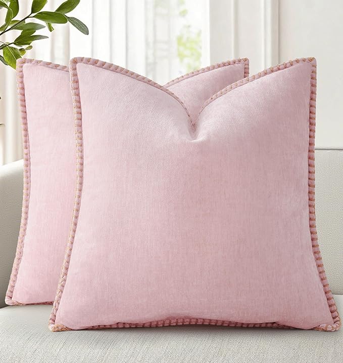 decorUhome Soft Chenille Throw Pillow Covers 18x18 Set of 2 Blush Pink | Fall Textured Decorative Throw Pillow Cases Stitched Edge Modern Farmhouse Luxury Boho Velvet for Couch Sofa Bed Home Decor