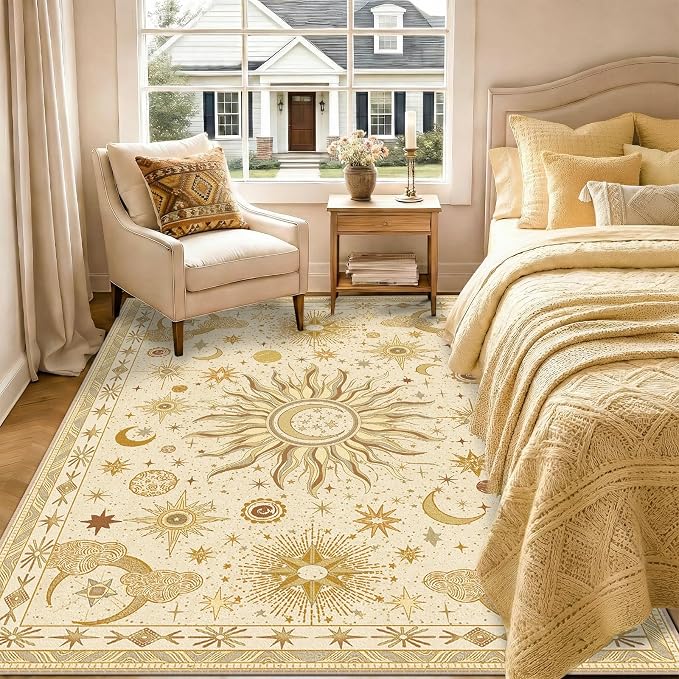Vacuum-Friendly, 6x9 Washable Area Rug, Beige Camel Brown | Sun and Moon Boho Gothic Non-Slip Low Pile Living Roon Bedroom Dining Room Kitchen Entry Entryway Entrance Hallway Doormat