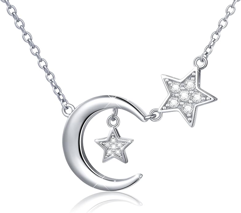 Ladytree 925 Sterling Silver Jewelry Crescent Moon and Star Pendant Necklace