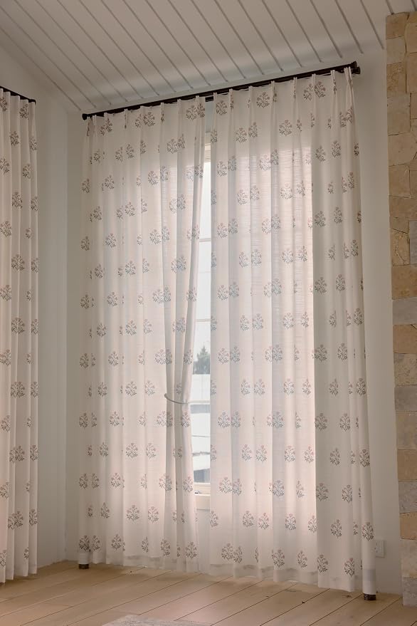 DrapePalette - Linen Blend Pinch Pleated Curtains 102 Inches Long for Living Room, Bedroom, Dining Room, Light Filtering Curtains 2 Panels Set, Modern Floral Printed Design, Beige White 30" W x 102" L