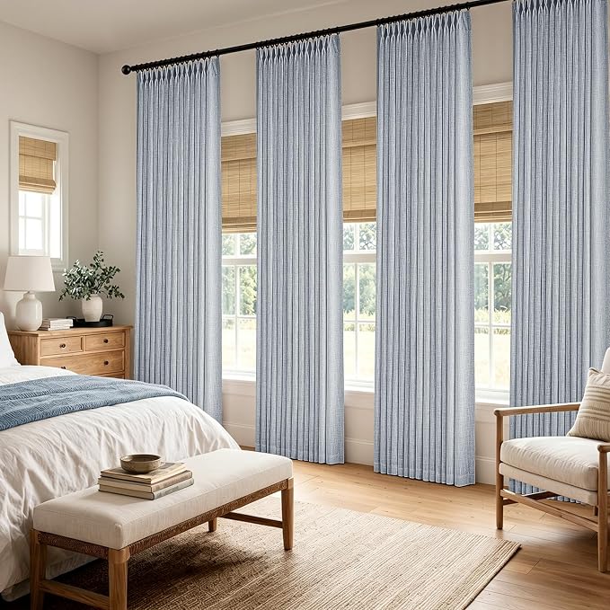 MIULEE 4 Panels Set Pinch Pleated Linen Curtains 84 Inches Long for Living Room Bedroom, Thick Linen Textured Memory Trained Drapes Pleat Back Tab Light Filtering Light Blue Window Curtains with Hooks