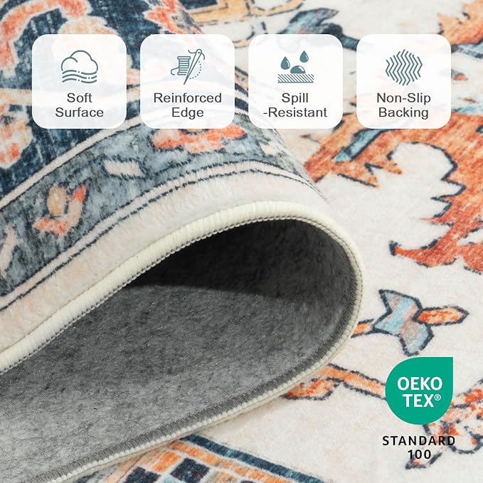 Lofus 8x10 Washable Rugs Non-Slip, Vintage Floral Area Rug for Living Room Bedroom Dining Room Kitchen, Low Pile Distress Print Carpet Home Decor Rug, Octagram Medallion Orange Blue Ivory