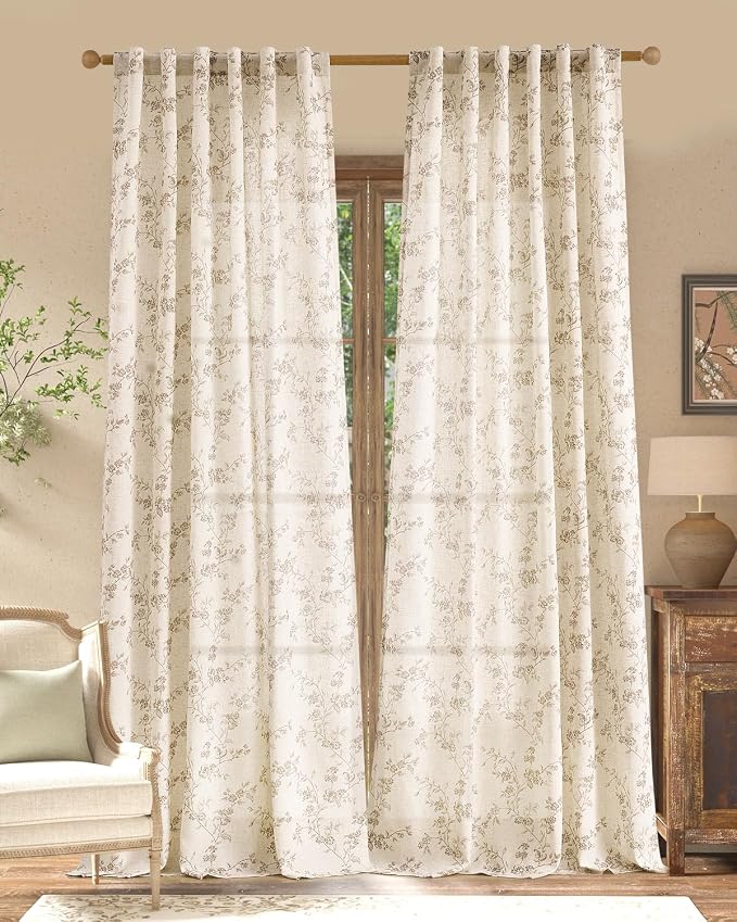 jinchan Taupe Floral Linen Curtains 108 Inch Extra Long Back Tab 2 Panels | Flower patterned drapes, farmhouse, french country, light filtering, semi sheer, bedroom, living room, office, home decor