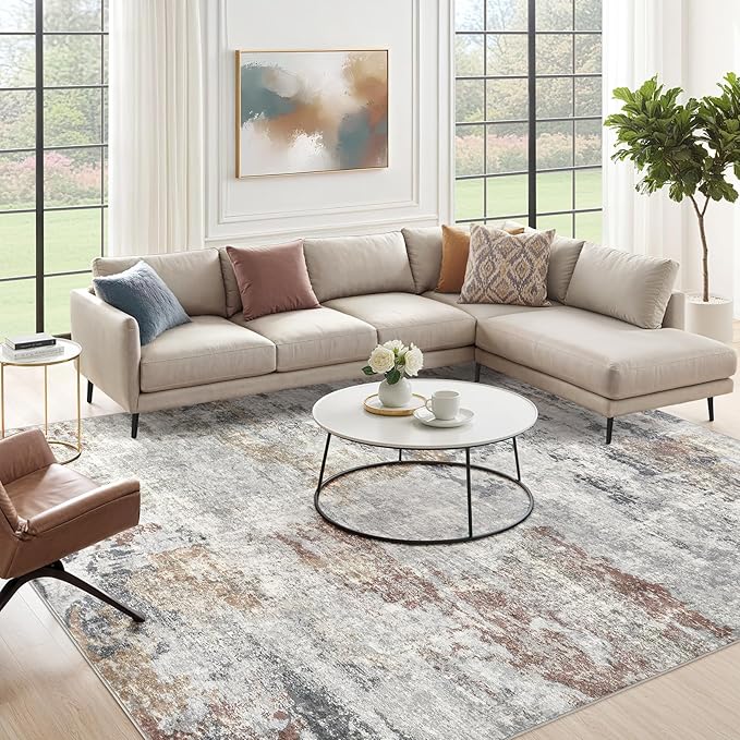 DMOYEST 5x7 Area Rug - Washable & Non Slip Indoor Rug for Living Room, Kid & Pet Friendly Abstract Low Pile Soft Carpet for Bedroom and Dining Room - Grey/Orange/Yellow