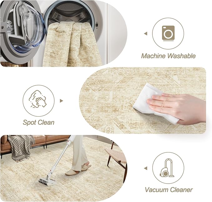 Soalmost 6x9 Area Rug for Living Room Floral Washable Non-Slip Modern Rugs for Bedroom Dinning Room Ultra-Thin Indoor Beige