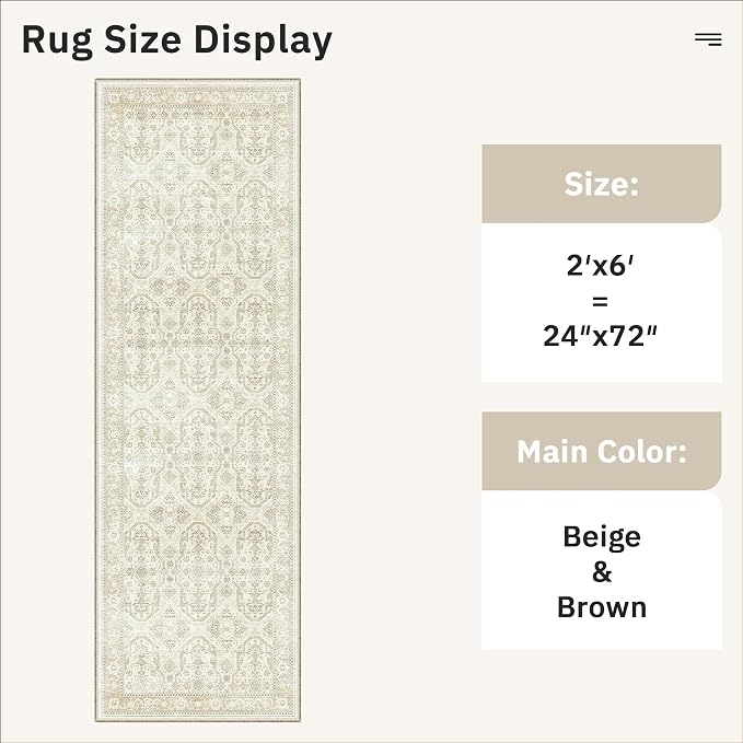 Soalmost Runner Rug 2x6 Washable Non-Slip Kitchen Runner Rugs for Bathroom Laundry Room Beige/Brown Vintage Floor Carpet Runners for Hallway Entryway