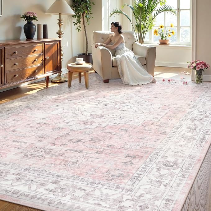 LIVEBOX Pink 9x12 Area Rug for Bedroom Girls, Boho Washable Rugs for Living Room Nursery, Non-Slip Indoor Soft Carpet Low-Pile Farmhouse Carpets for Dining Room Kids Playroom, Pink