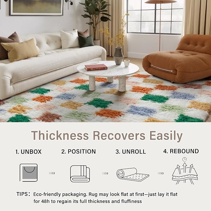 PureCozy Checkered Rug 5x7 for Living Room, Modern Neutral Shag Rug Super Soft Washable Indoor Fuzzy Carpet Non-Slip Fluffy Rugs for Bedroom Home Aesthetic Decor