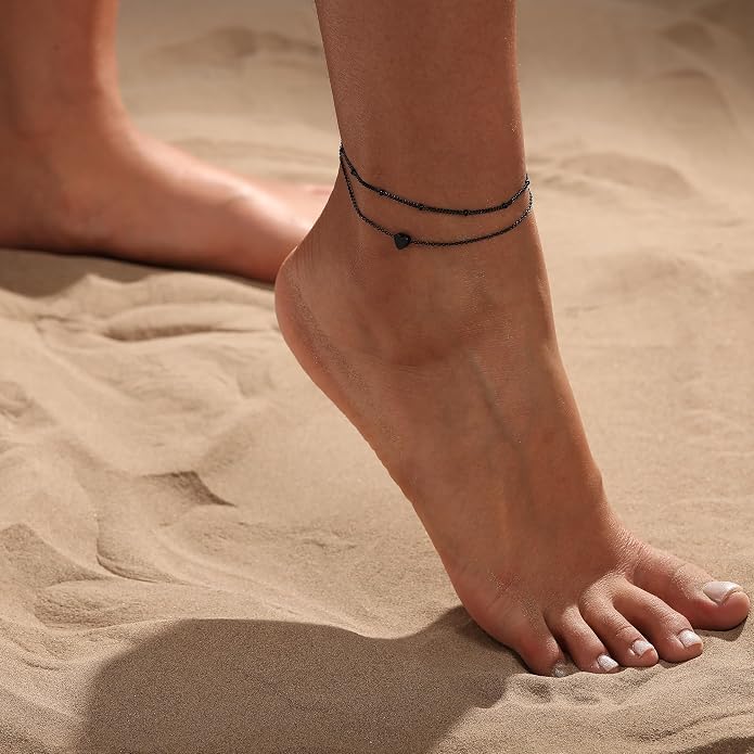 Ankle Bracelets for Women 14K Gold/Silver Plated Cross Heart Bead Anklet Waterproof Adjustable Chain Non Tarnish Cute Boho Trendy Dainty Summer Beach Foot Jewelry Gift for Her