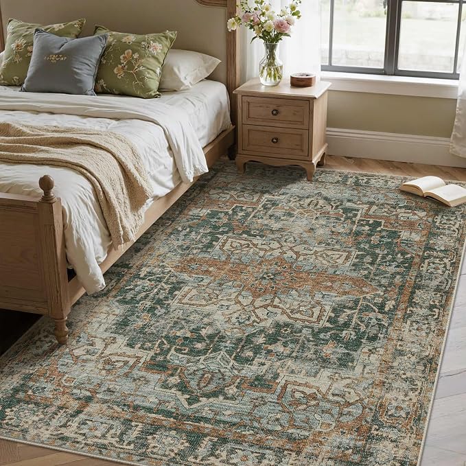 Rugxara Green 4x6 Area Rug Washable Rug for Living Room Bedroom Office | Non Slip, Throw Rug for Entryway Dining Room Kids Room, Stain Resistant, Soft, Low Pile, Vintage Boho Retro Carpet